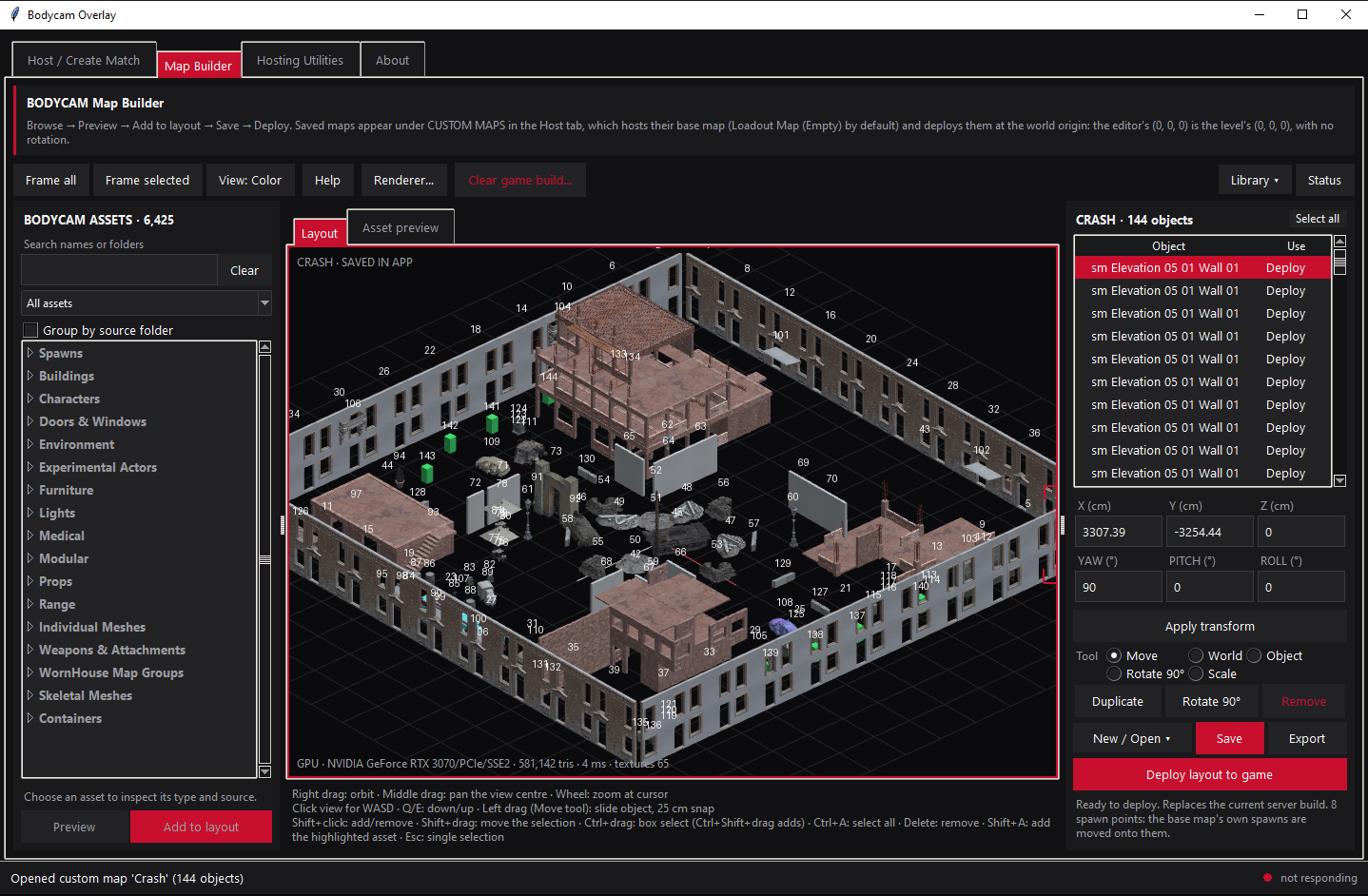 Layout editor with the custom map CRASH open